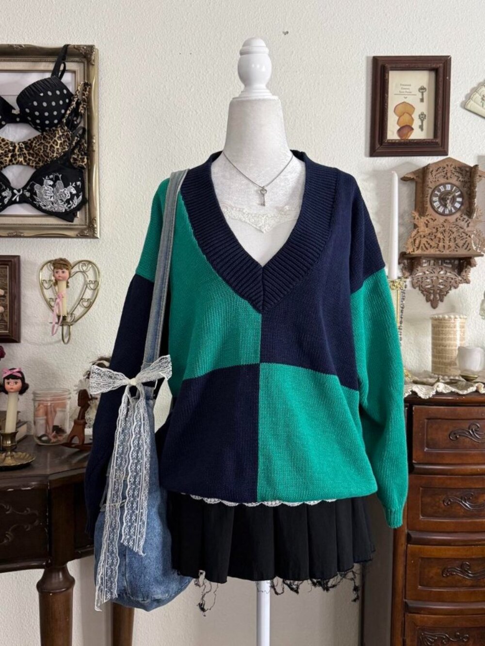 90’s quirky grunge green and navy blue color block patchwork cozy sweater